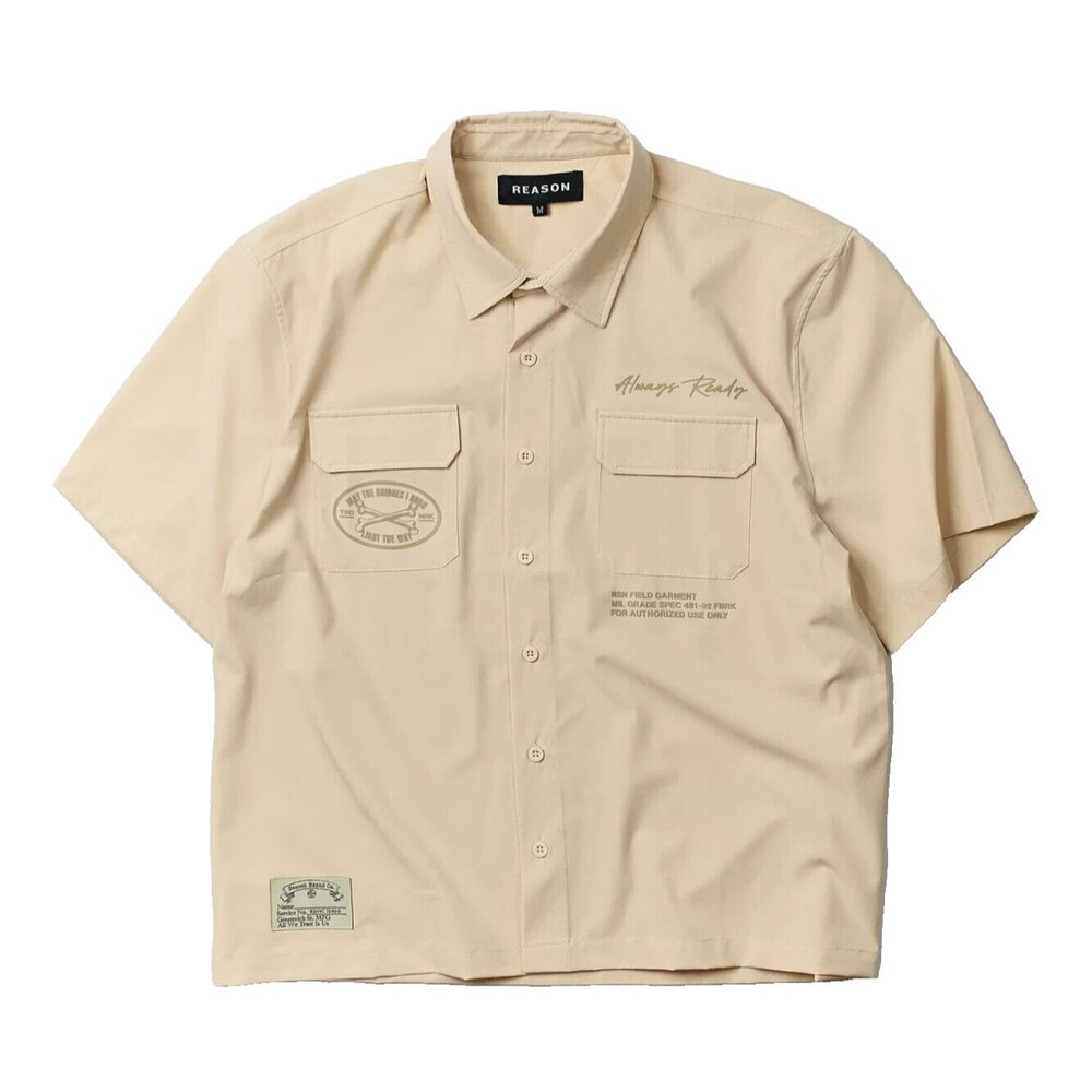 Reason Button Down Shirt Men’s 2X Cream Utility Stretch Skull Short Sleeve